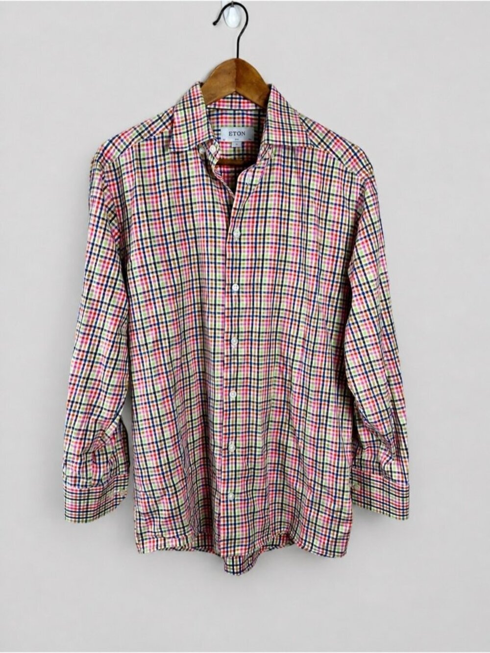 Eton Dress Shirt 15.5 34/35 M Multicolor Blue White Pink Orange Slim Check Twill
